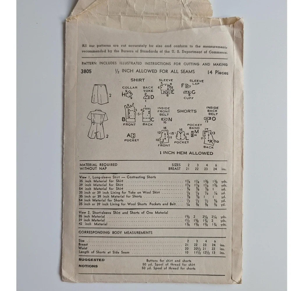 UC Advance 3805 Boys Shirt and Shorts Sewing Pattern Size 2 Breast 21 VTG 1940s
